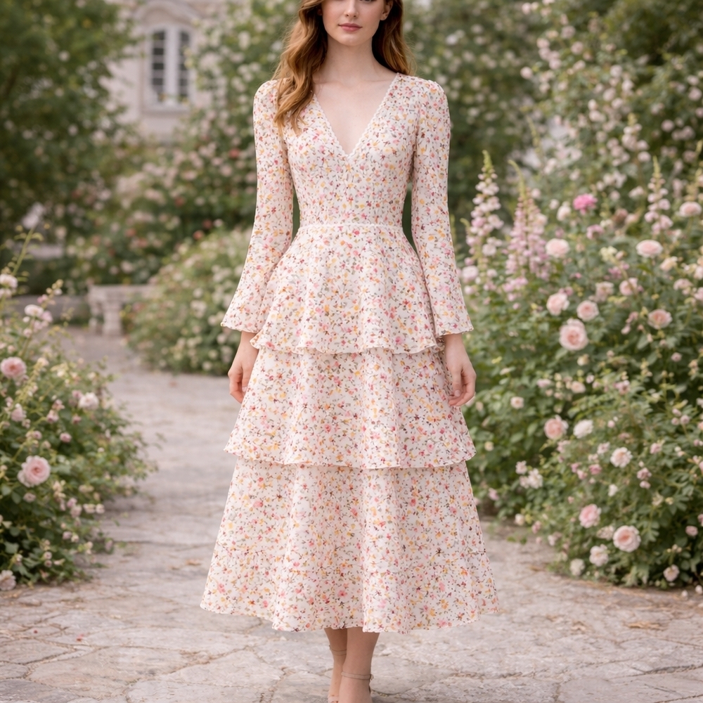 Monique Lhuillier White With Color Floral Tiered Midi Dress Summer Garden Events - Picture 6 of 17